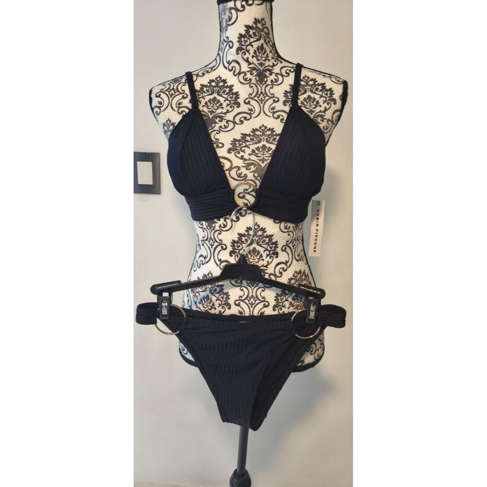 Robin Piccone Black Textured Bikini Set Underwire Ring Detail Medium